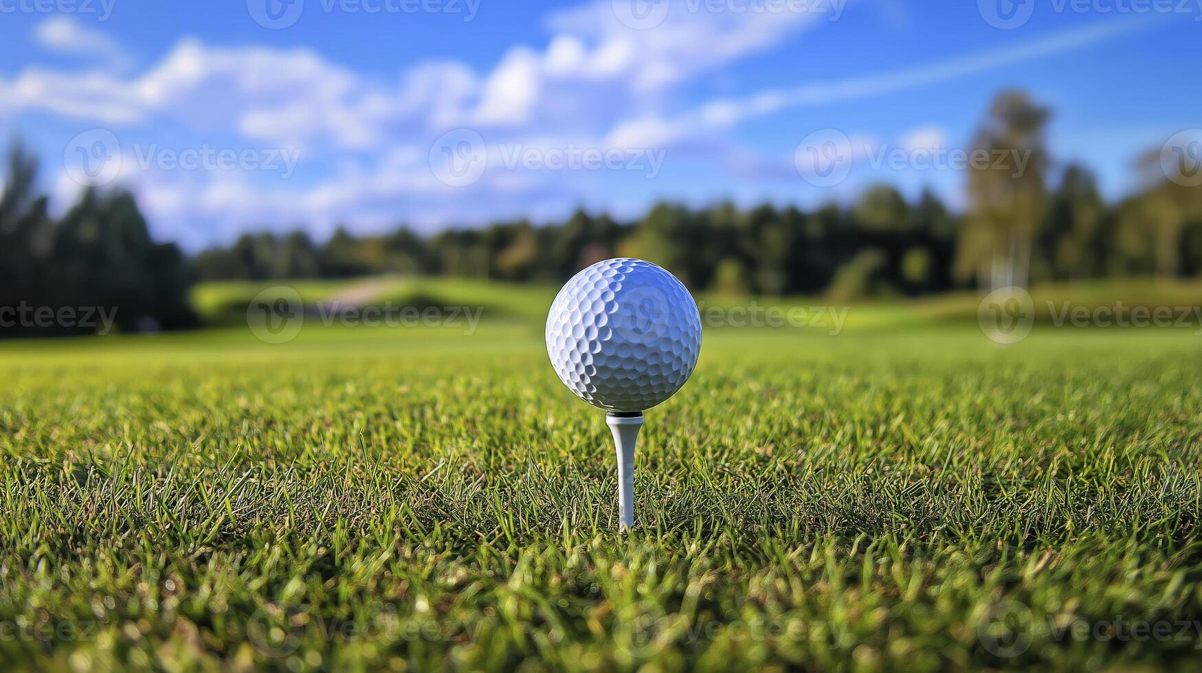 golf ball on tee in grassy field, surrounded by trees and blue sky, evokes sense of calm and focus photo