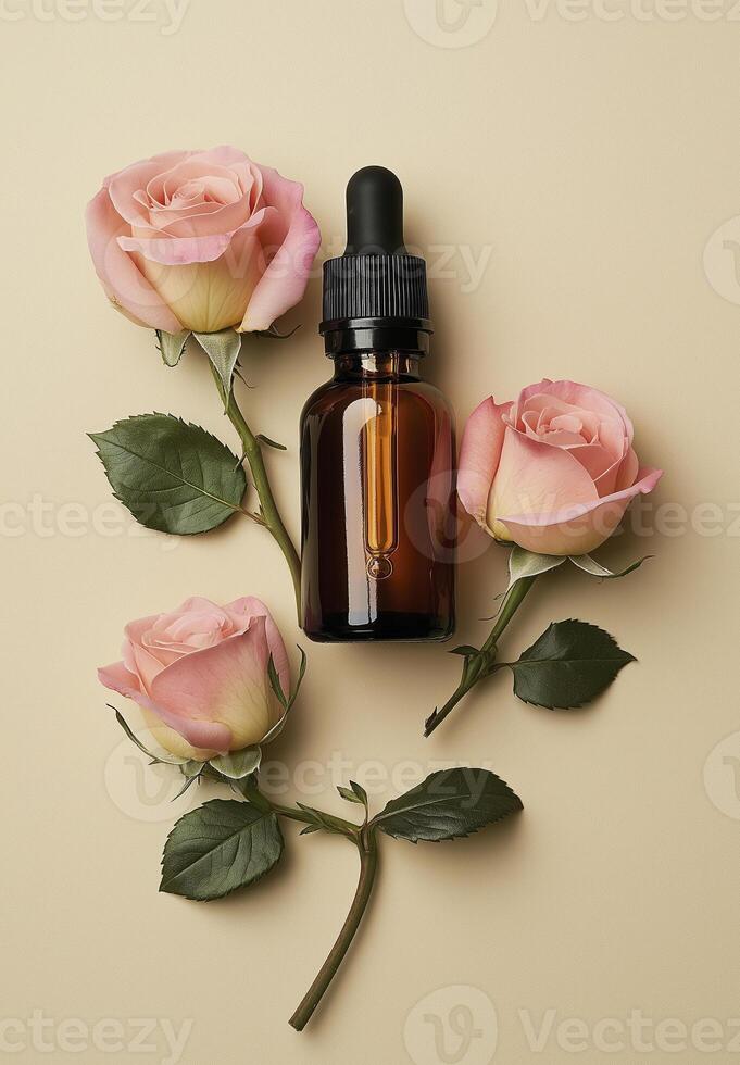 amber dropper bottle of face oil surrounded by pink roses, creating serene and elegant atmosphere photo