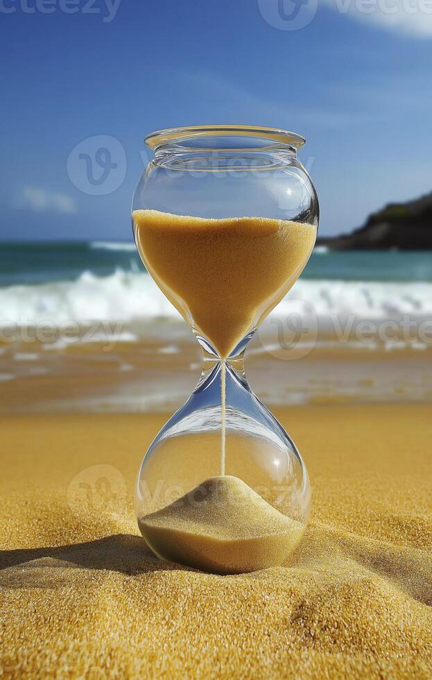 beautiful hourglass on beach, symbolizing passage of time with golden sand flowing. serene ocean waves create calming backdrop photo