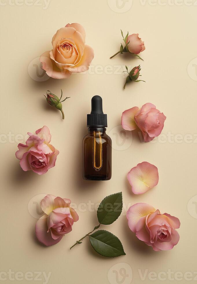 a Cinematic photograph of amber dropper bottle surrounded by pink roses, creating serene and elegant atmosphere photo