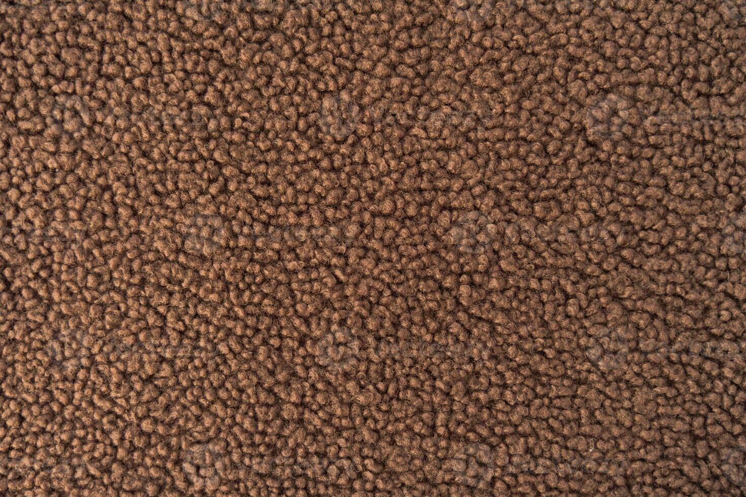 Macro shot of brown fashion teddy sherpa fleece fabric showcasing its soft curly texture. photo