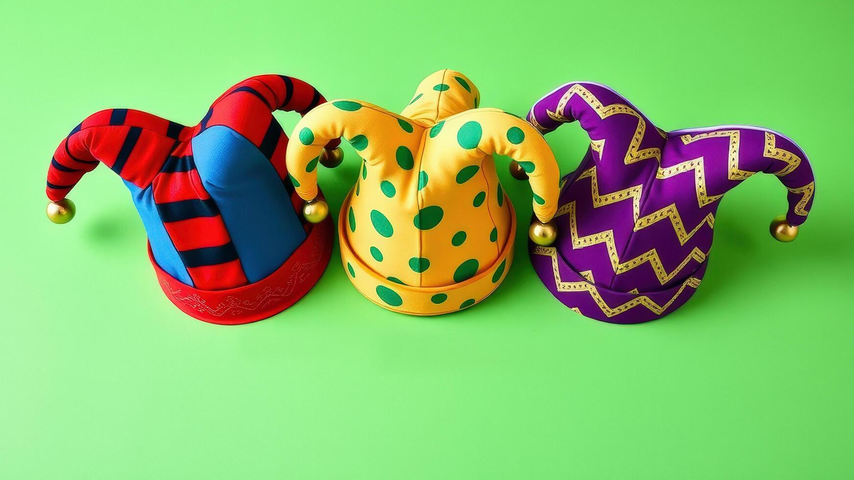 Three Colorful Jester Hats on a Bright Green Background photo