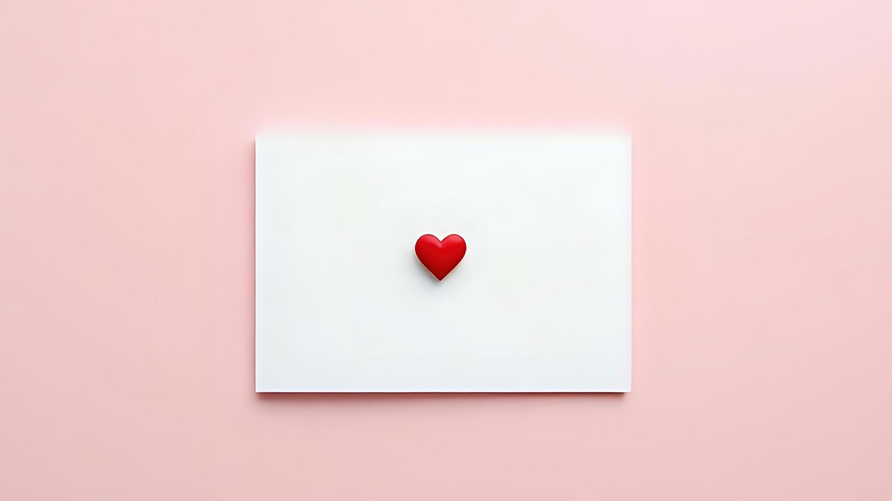 White greeting card with small red heart on pink background photo