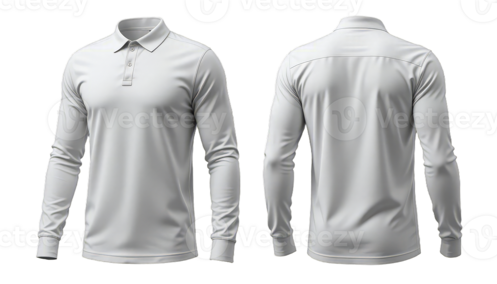 A plain white long-sleeve polo shirt displayed from the front and back, ideal for fashion shoots or apparel advertisements. Transparent background png