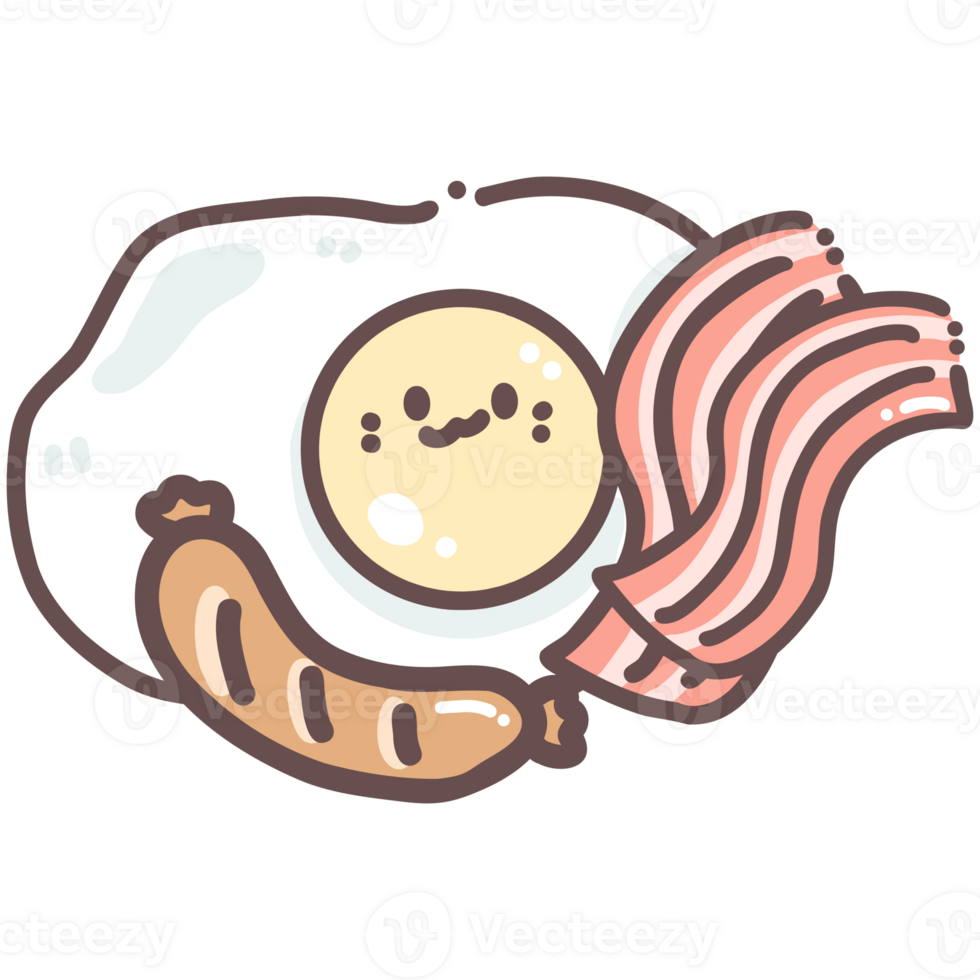 Breakfast Set fried egg, Bacon, sausage doodle cartoon hand drawing png