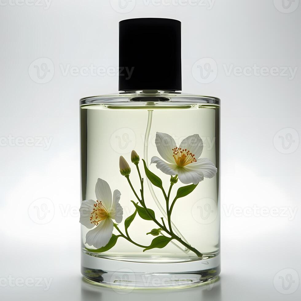 Enchanting Aquatic Elixir Clear Glass Bottle Holds Captivating Scent Cocktail of Neroli, Orange Blossom, Poppy, Myrrh Balsam Fir photo