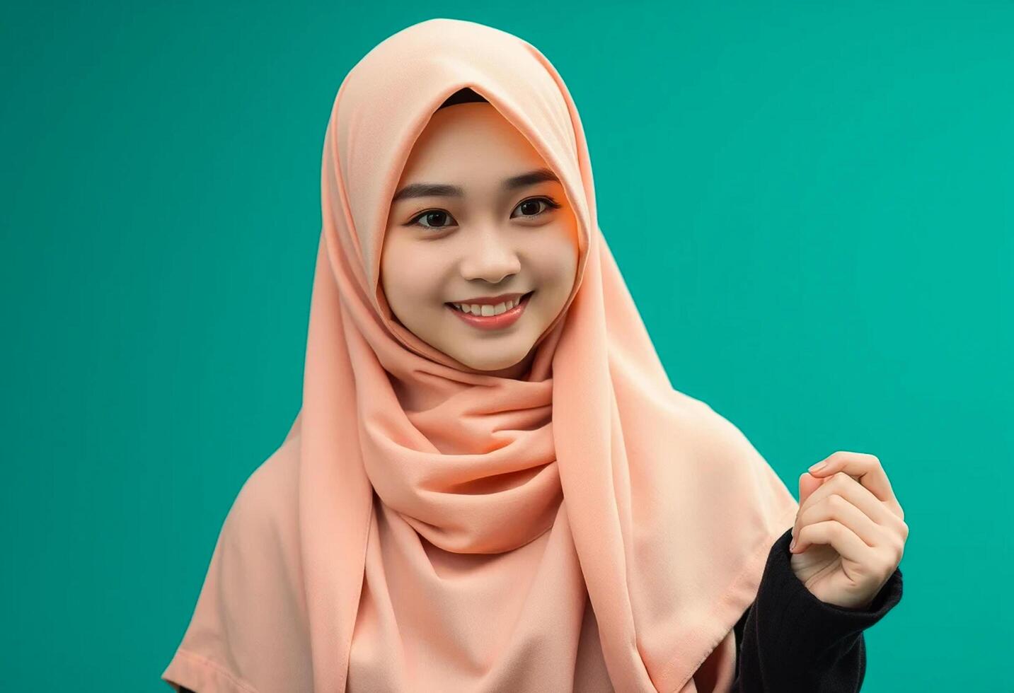 A young woman in a pink hijab smiling photo