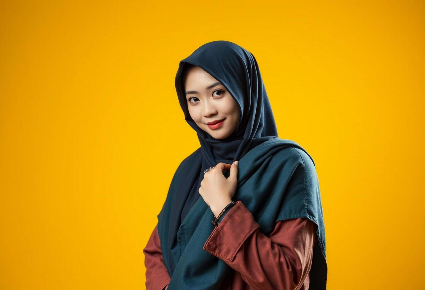 Portrait of a beautiful young muslim woman wearing hijab on yellow background photo