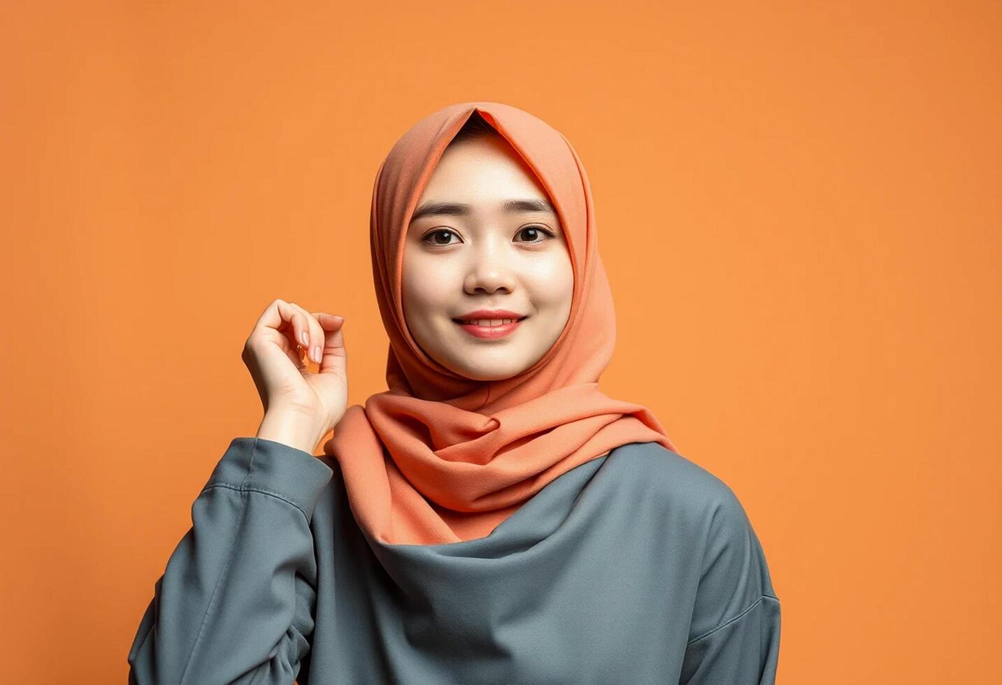 Portrait of beautiful young muslim woman wearing hijab on orange background photo