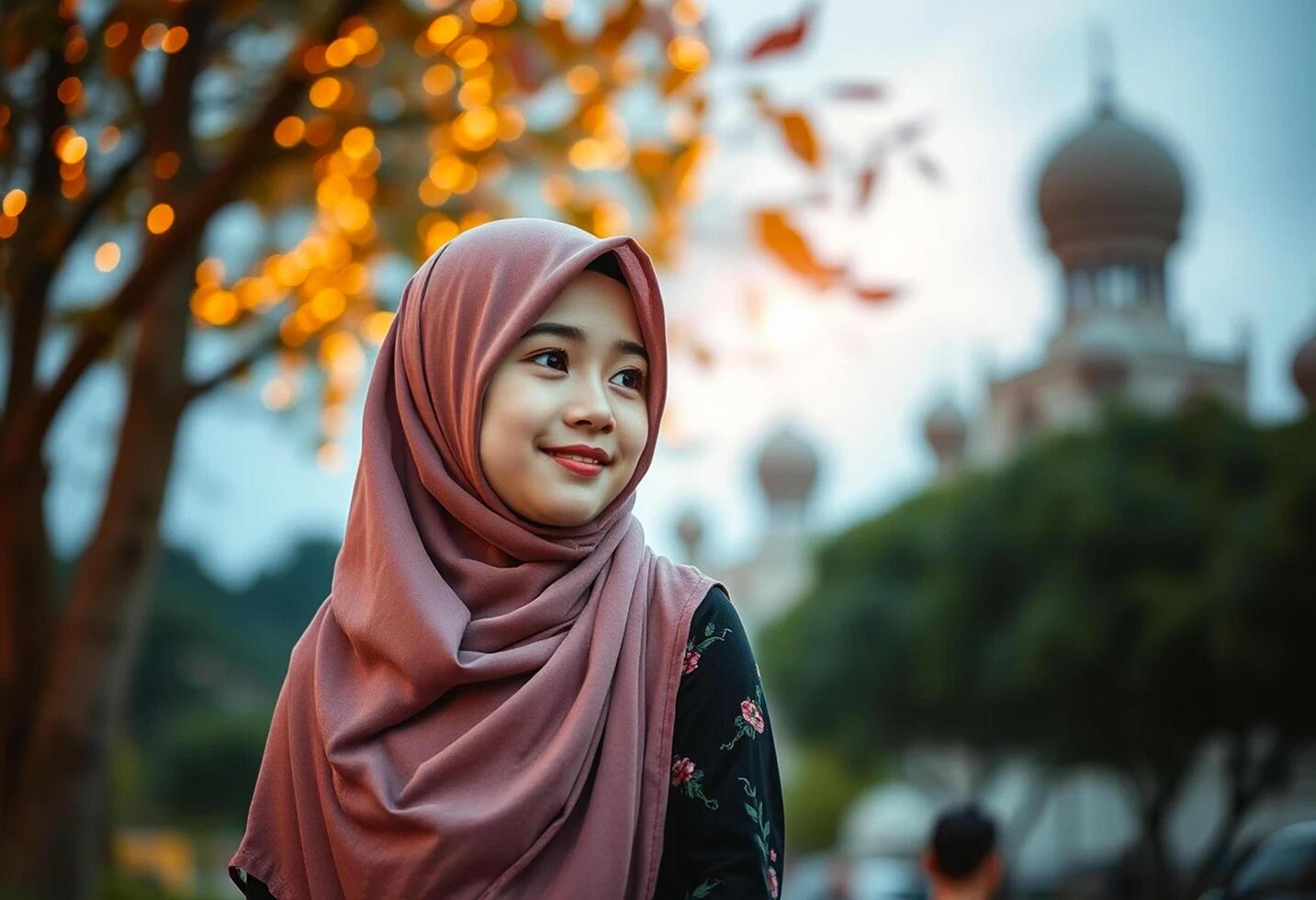 Beautiful young muslim girl wearing hijab in the park photo