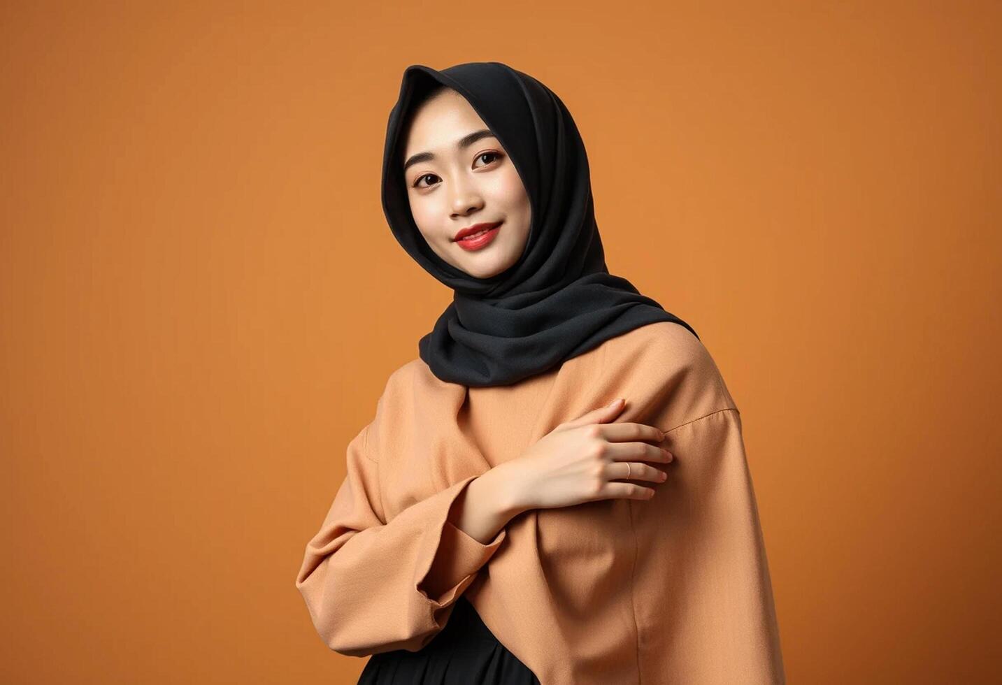 Portrait of beautiful young asian woman wearing hijab on orange background photo