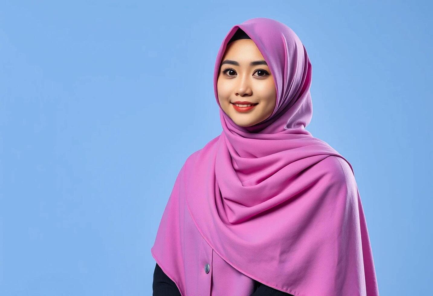 Portrait of a beautiful young muslim woman wearing hijab on blue background photo