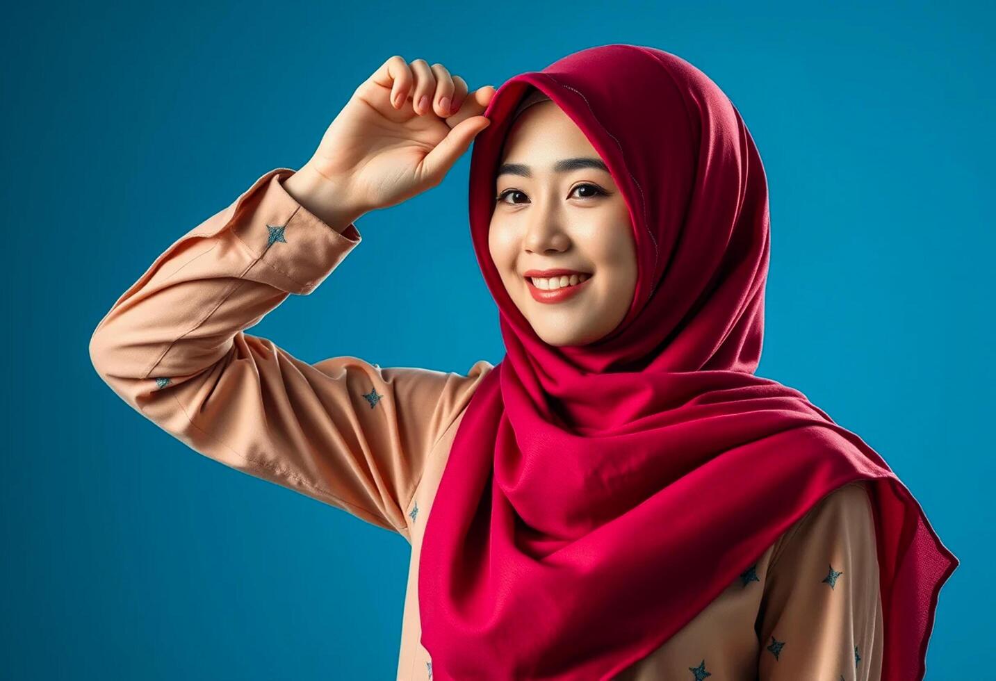 Asian woman in red hijab on blue background photo