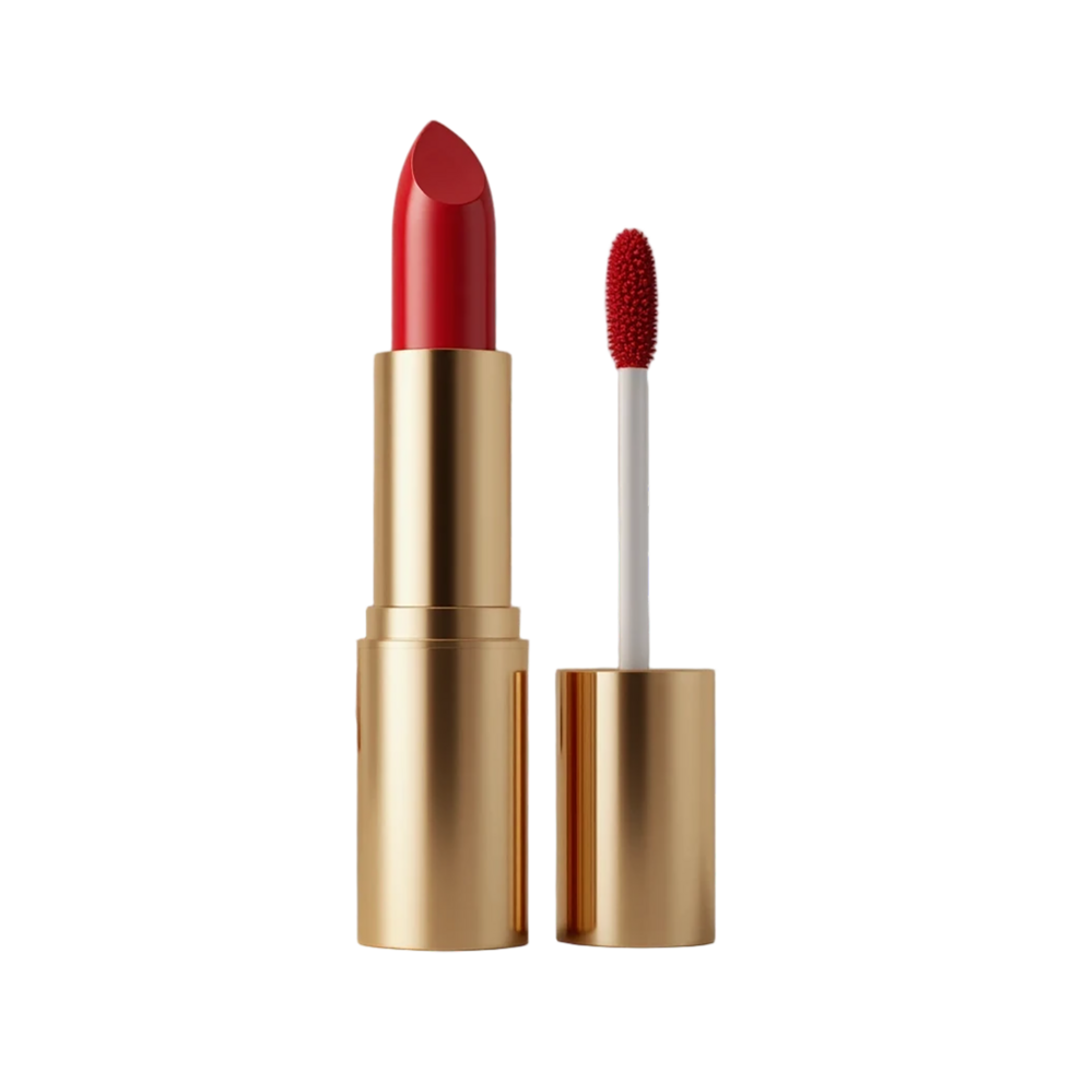 A studio shot of a red lipstick and a matching lip gloss with a white applicator, both housed in elegant gold-toned containers. png
