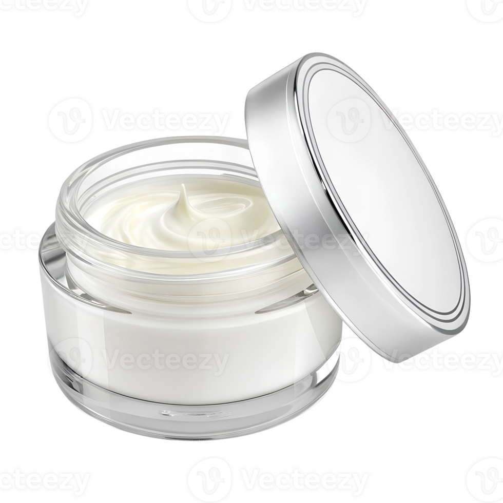 High-quality, studio shot of a clear glass jar of white cream. png
