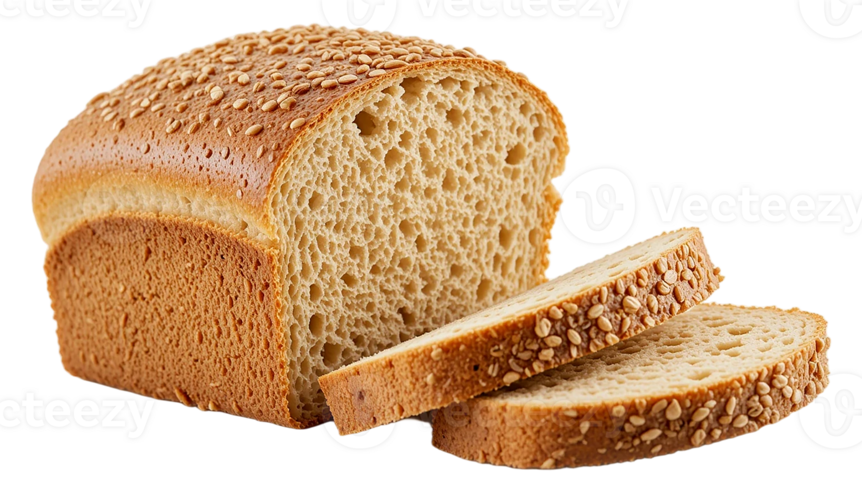 Close-up of a sliced loaf of sesame seed bread on transparent background png
