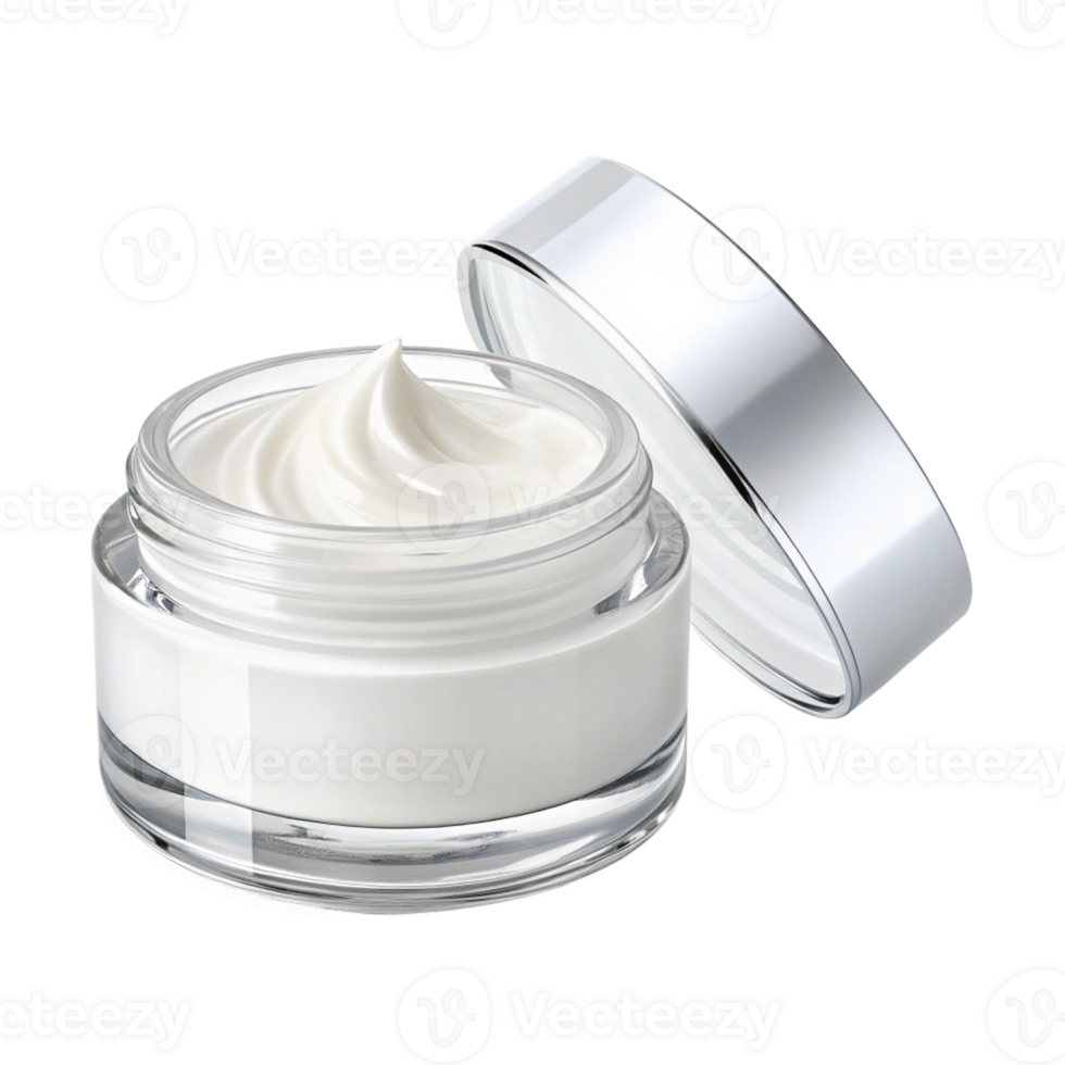 studio shot of a clear glass jar of white cream. png