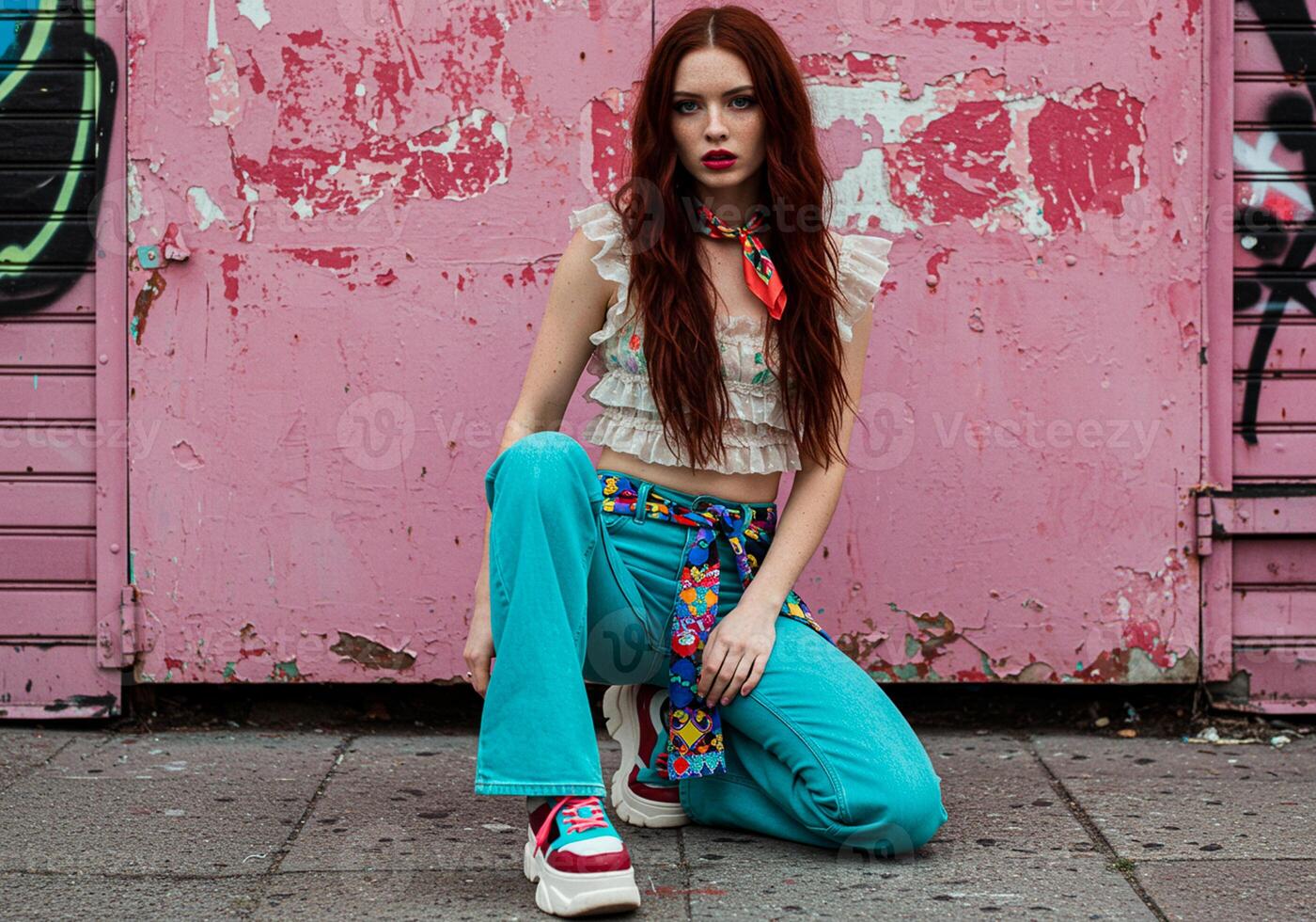 A woman sitting on the ground with a skateboard photo