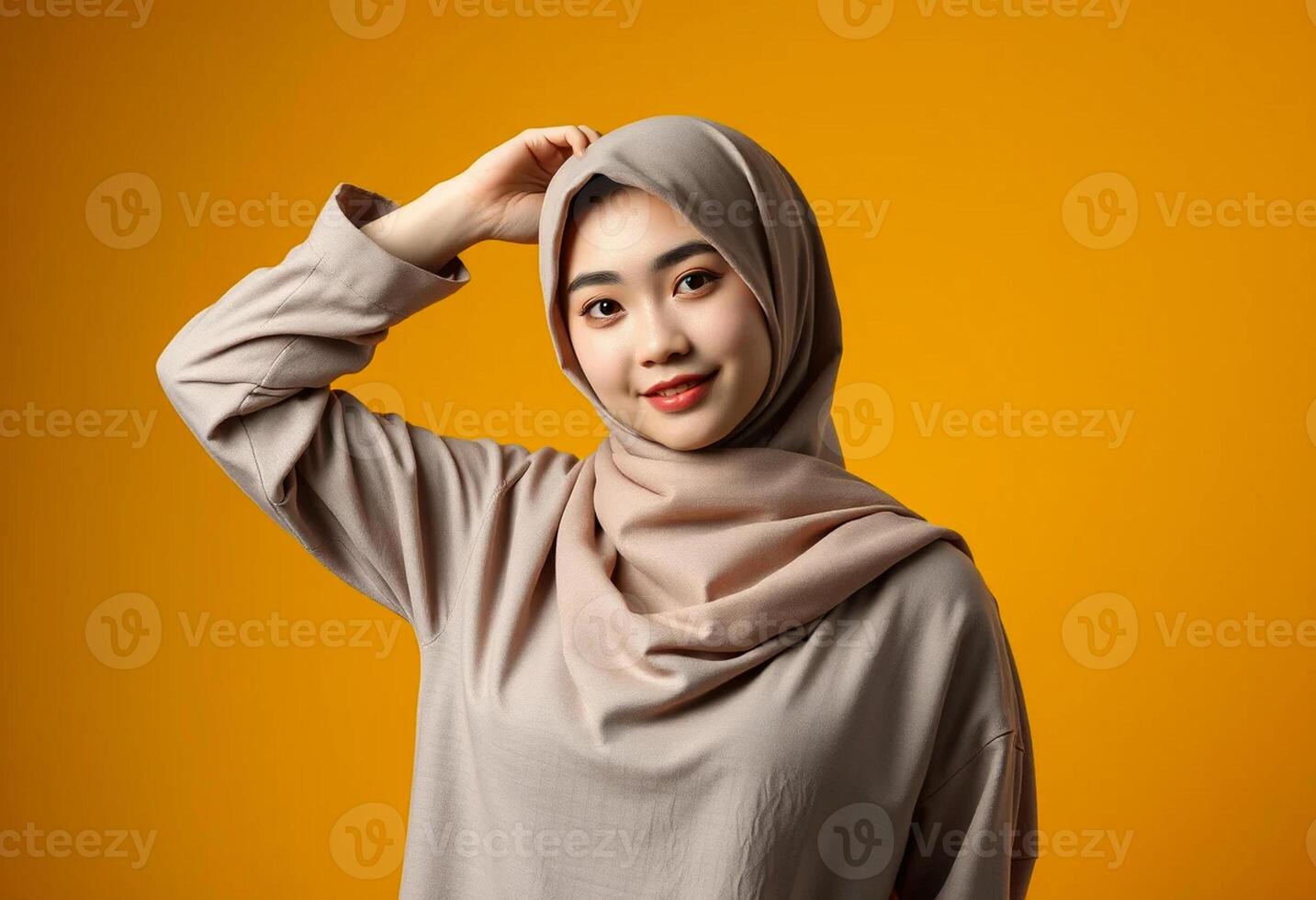 Portrait of beautiful young muslim woman wearing hijab on yellow background photo