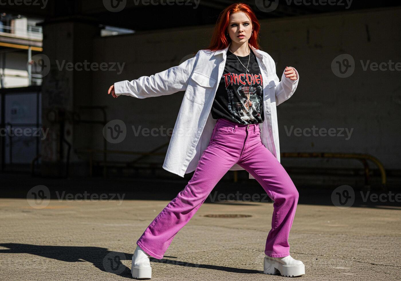 A woman in a white coat and purple pants photo