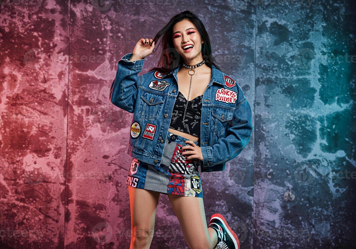 A woman in a denim jacket and skirt posing photo