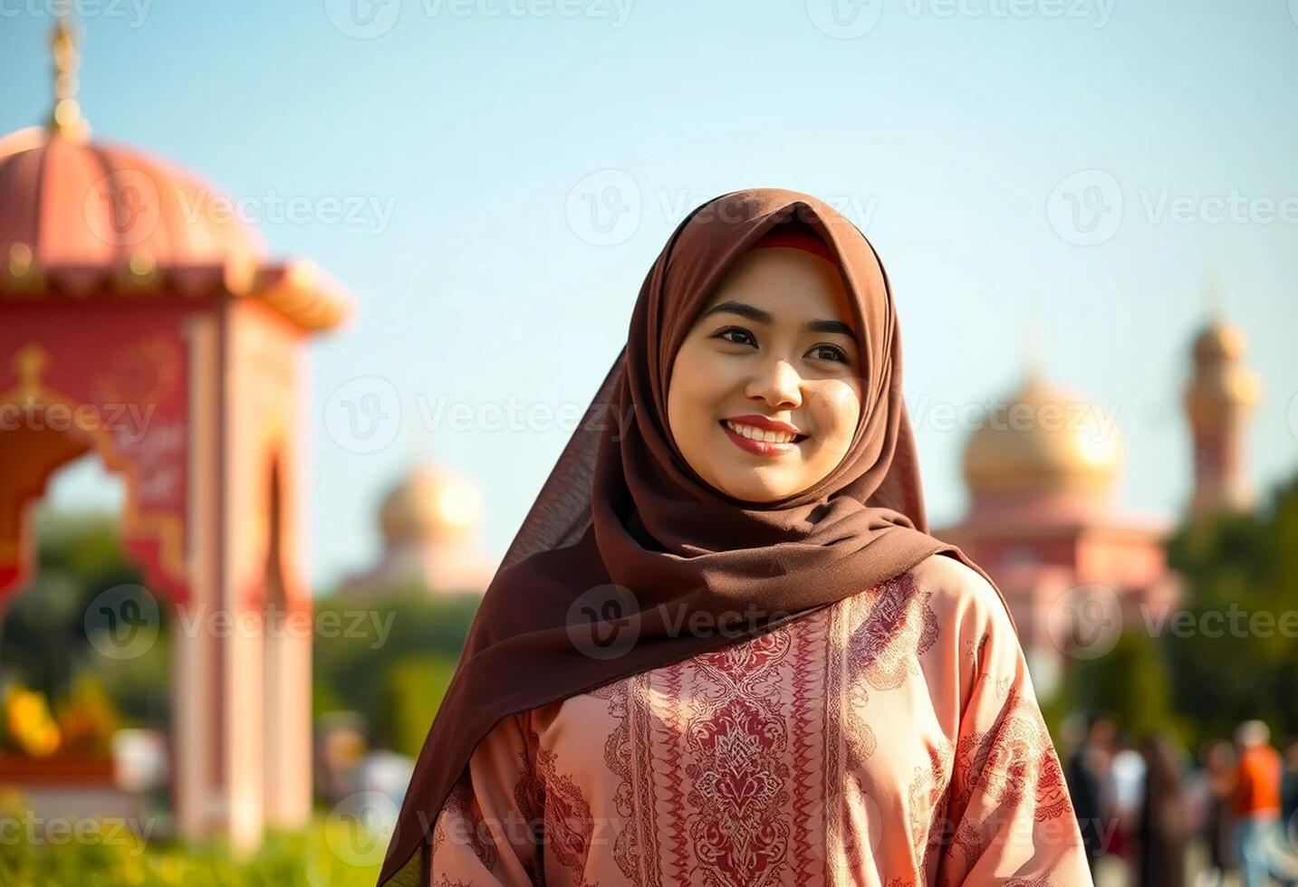 A woman wearing a hijab is standing in front of a building photo