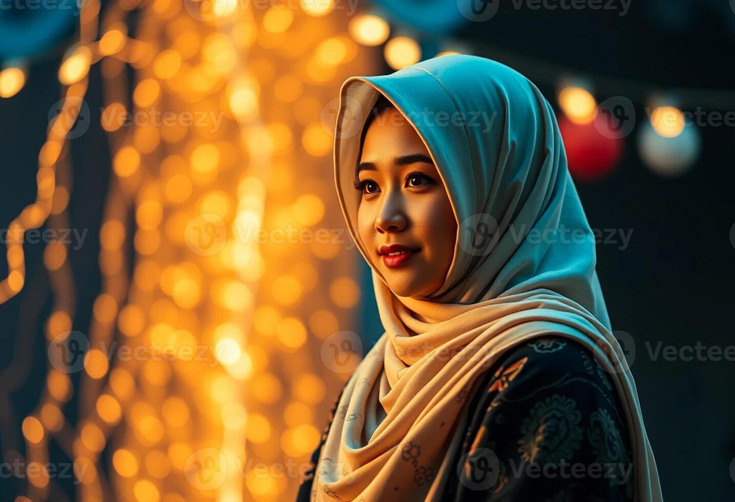 A woman wearing a hijab stands in front of a string of lights photo