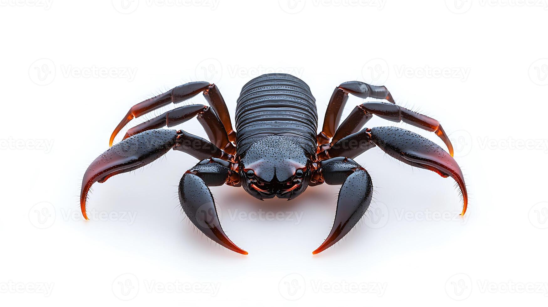 Close-up view of a vibrant black scorpion with detailed anatomy against a plain white background photo