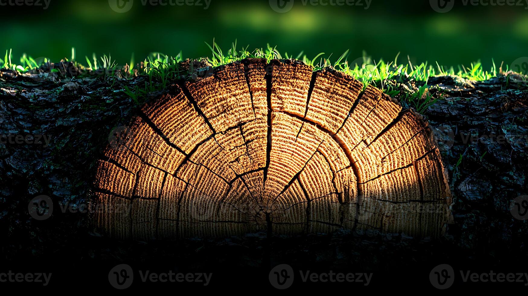 Close-up view of a tree stump with intricate rings and green grass in a serene outdoor setting photo