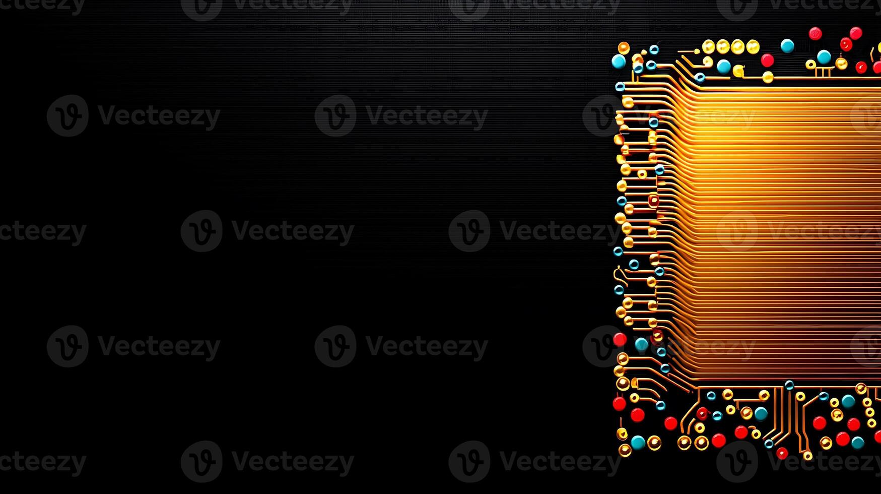Close-up view of a vibrant circuit board with colorful components on a dark background photo