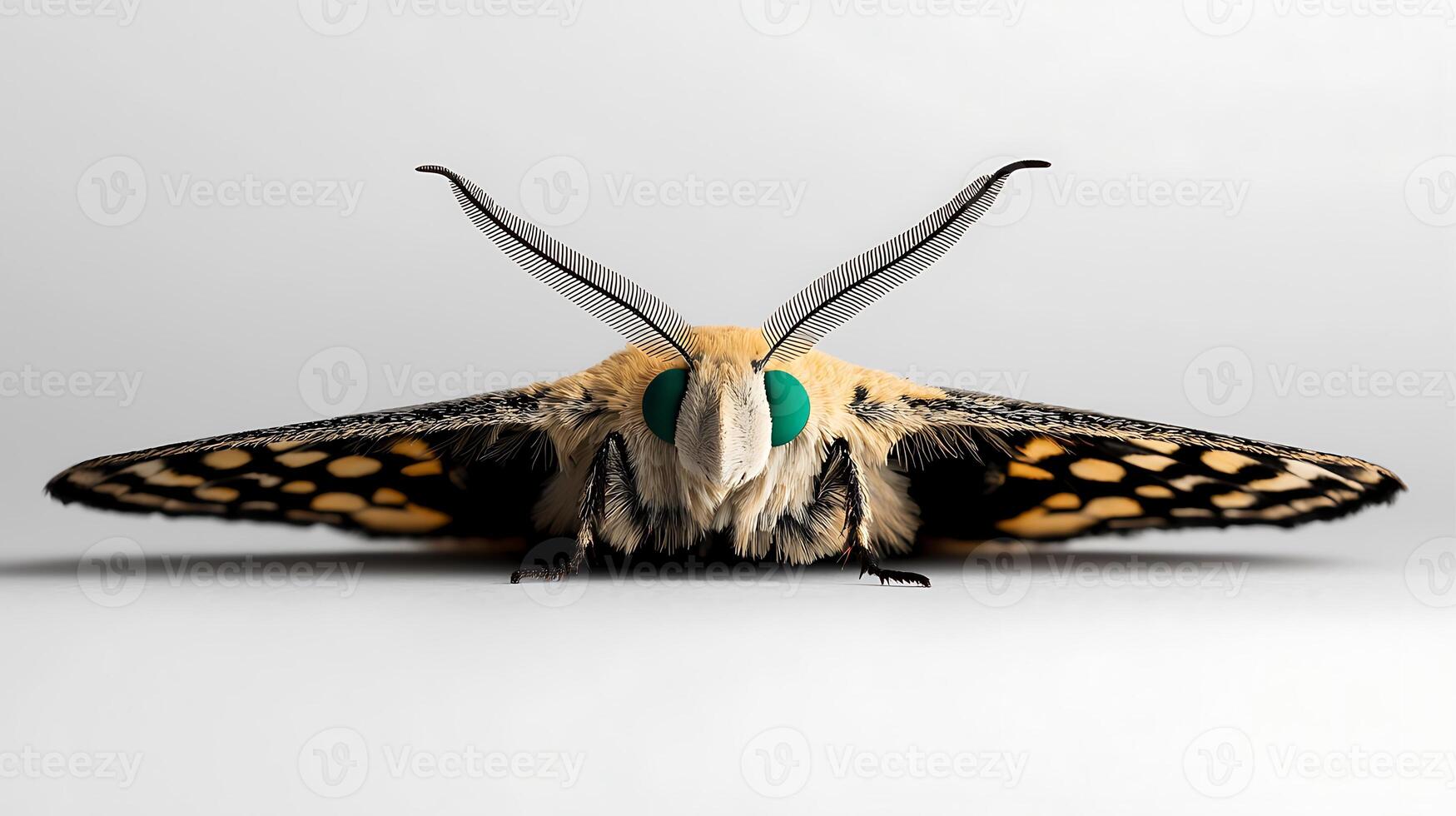 Close-up view of a vibrant moth with striking green eyes and patterned wings against a neutral backdrop photo