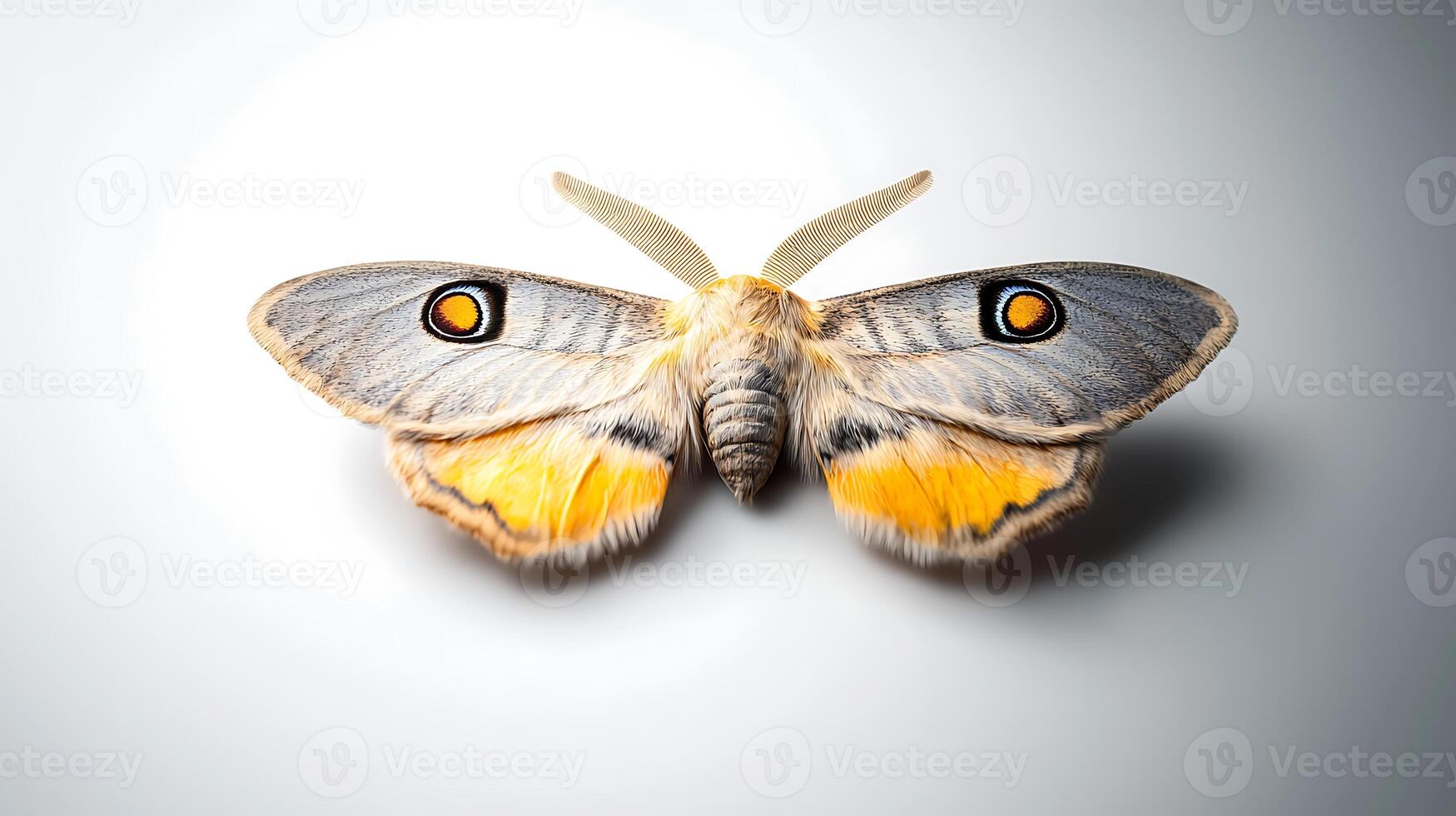 Close-up view of a vibrant moth with striking orange and gray patterns, showcasing its wings photo