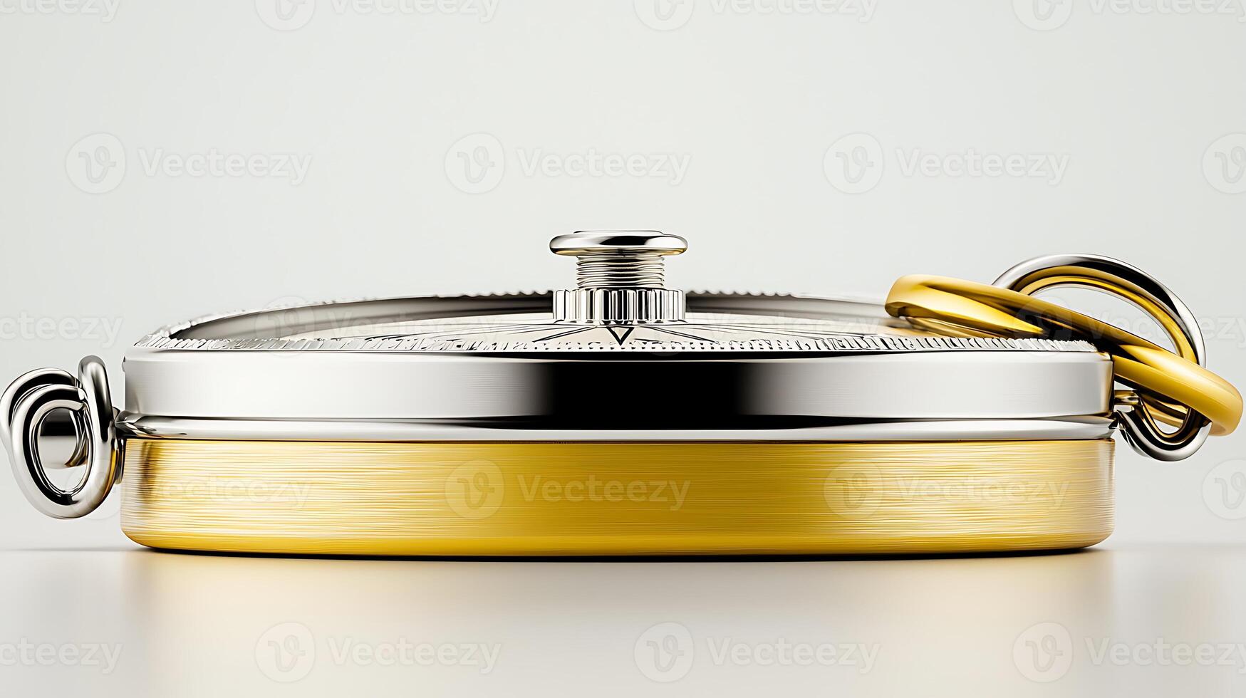 Close-up view of a vintage pocket watch with a polished silver and yellow design on a neutral background photo