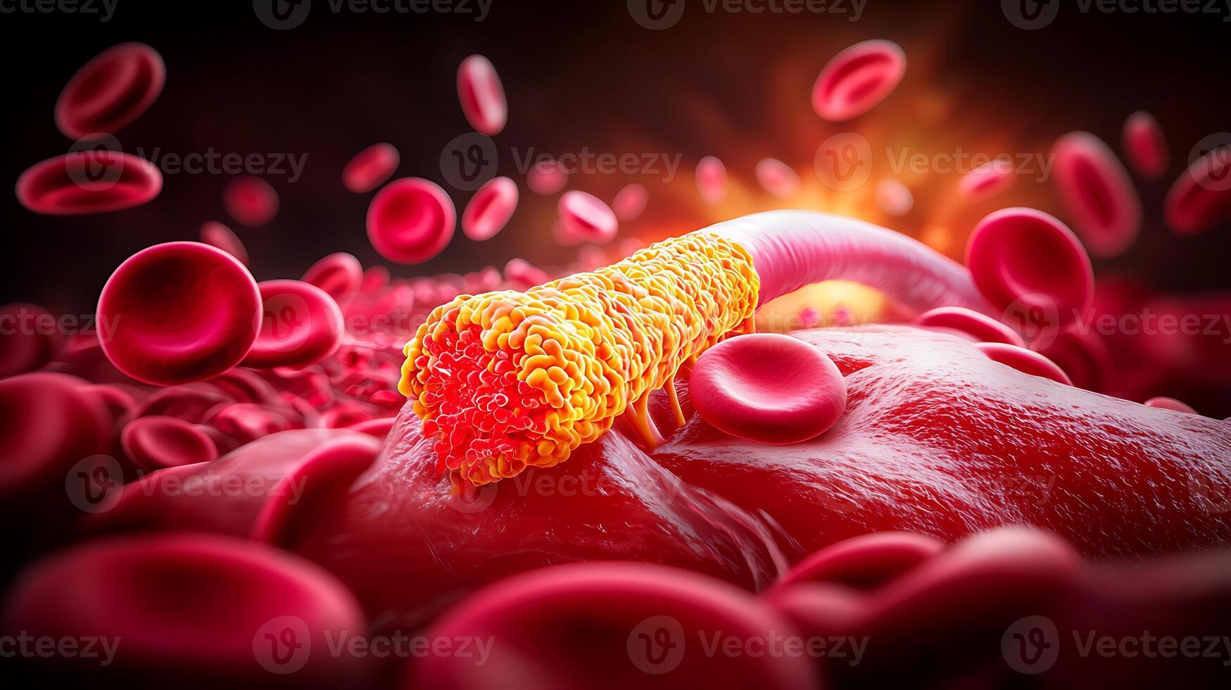 Close-up view of a vibrant red blood cell environment with a virus attacking, showcasing dynamic action photo