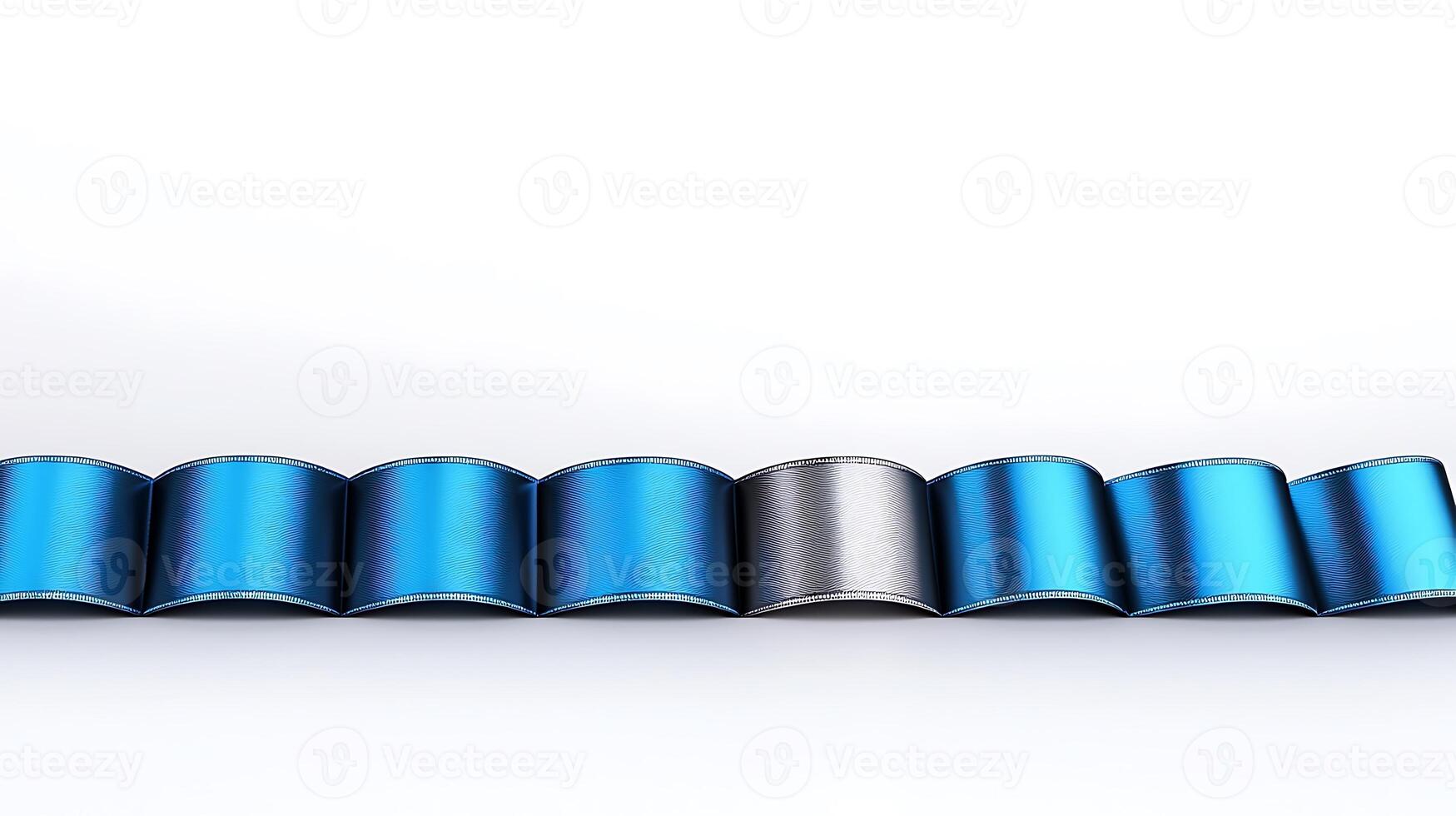 Close-up view of alternating blue and silver decorative ribbon with a smooth texture against a white background photo