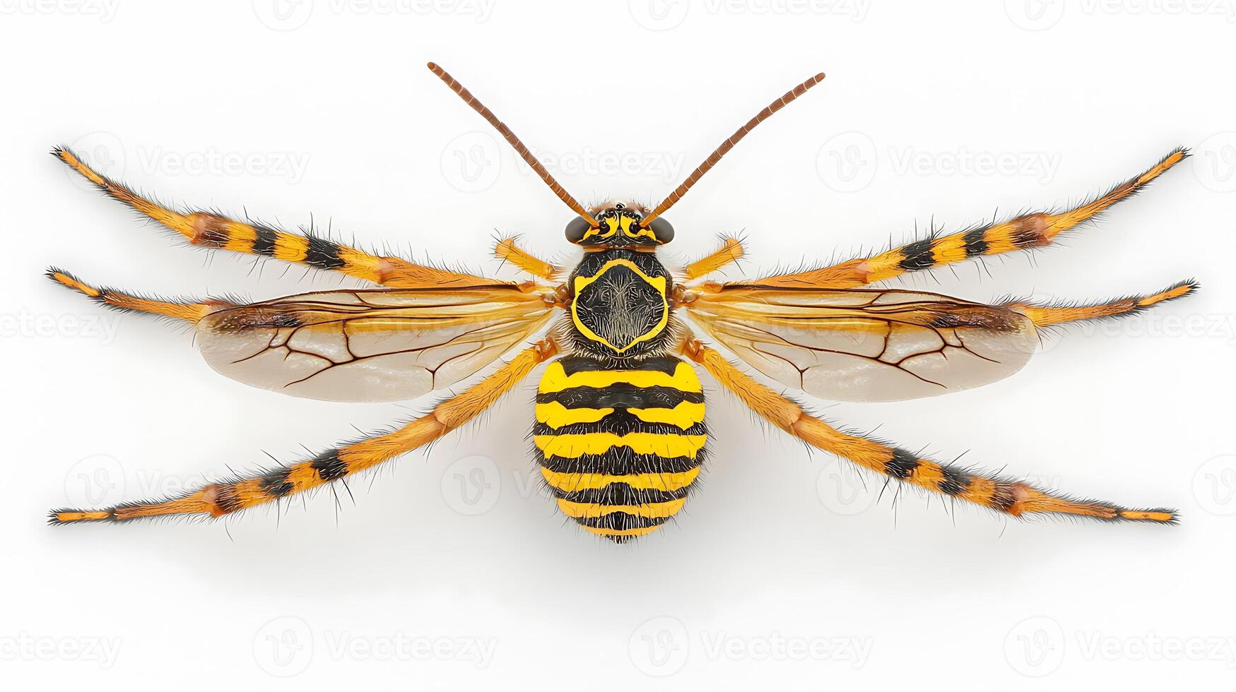 Close-up view of a yellow and black striped insect with transparent wings on a white background photo