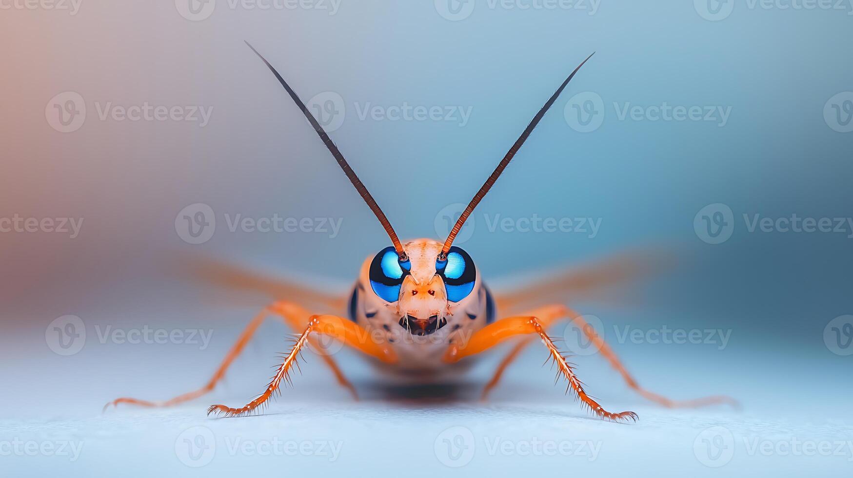 Close-up view of an insect with striking blue eyes against a blurred colorful background photo