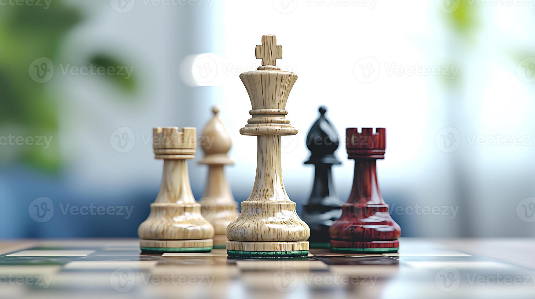 Close-up view of chess pieces on a wooden board, with a blurred background of a bright room photo