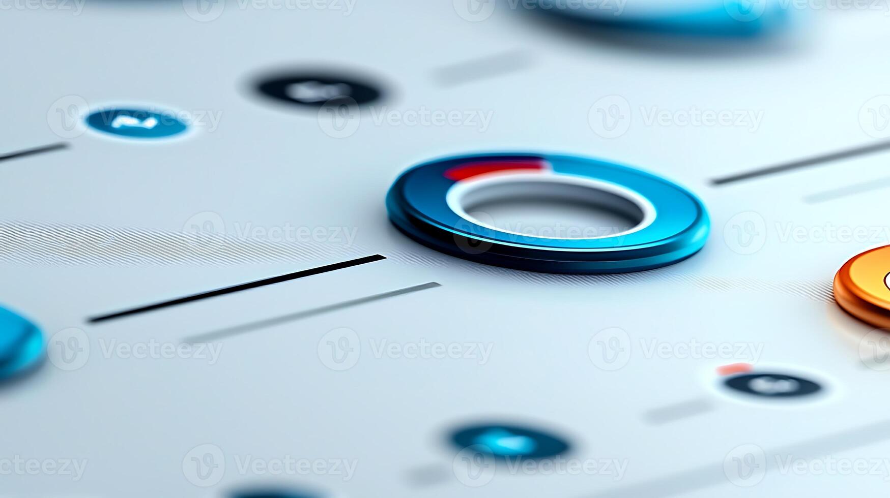 Close-up view of colorful control knobs on a modern interface with blurred background elements photo