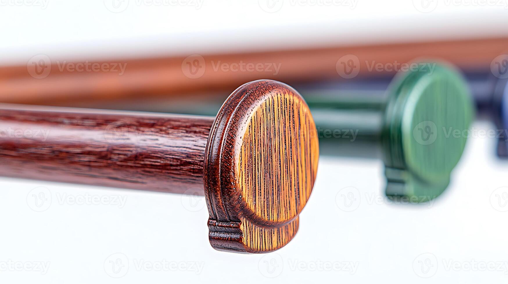 Close-up view of colorful wooden curtain rods showcasing craftsmanship and design details photo