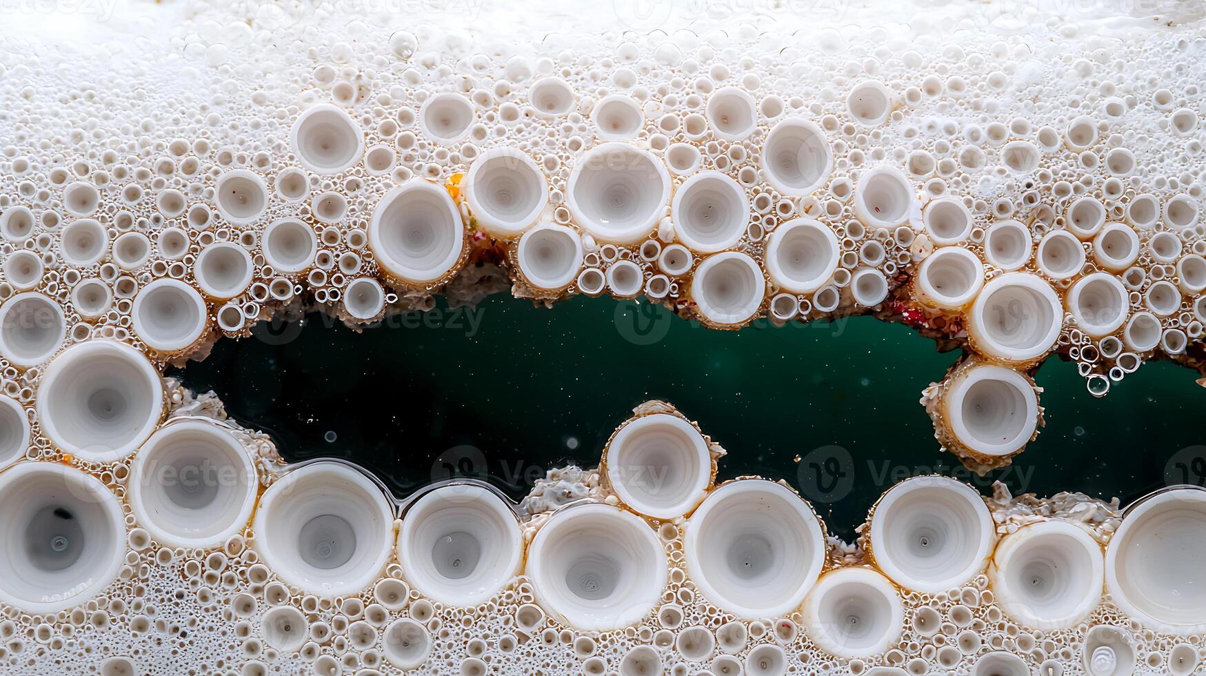 Close-up view of circular bubbles in a liquid, showcasing intricate patterns and textures photo