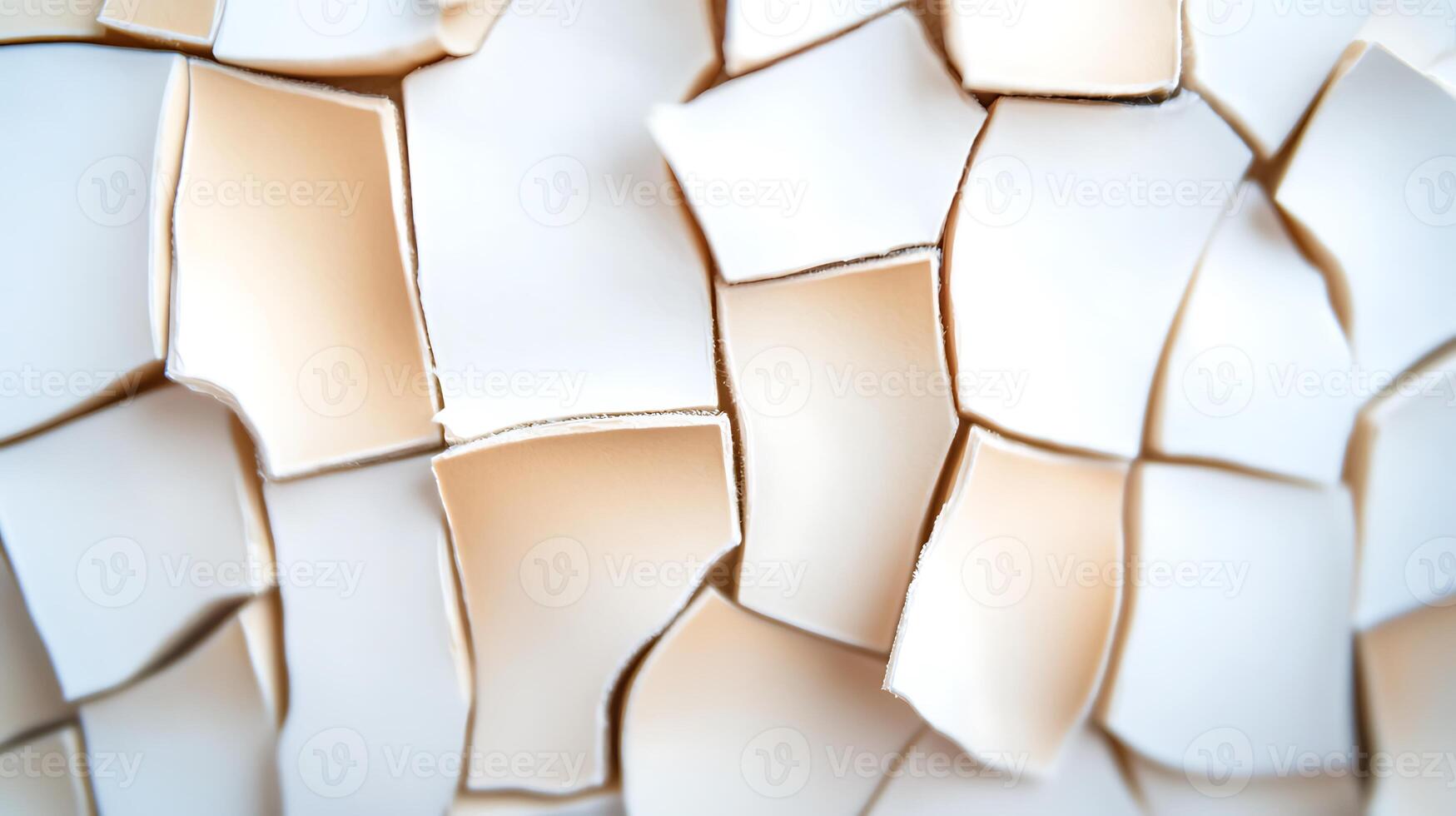 Close-up view of cracked white surface texture revealing beige underlayer, ideal for design photo