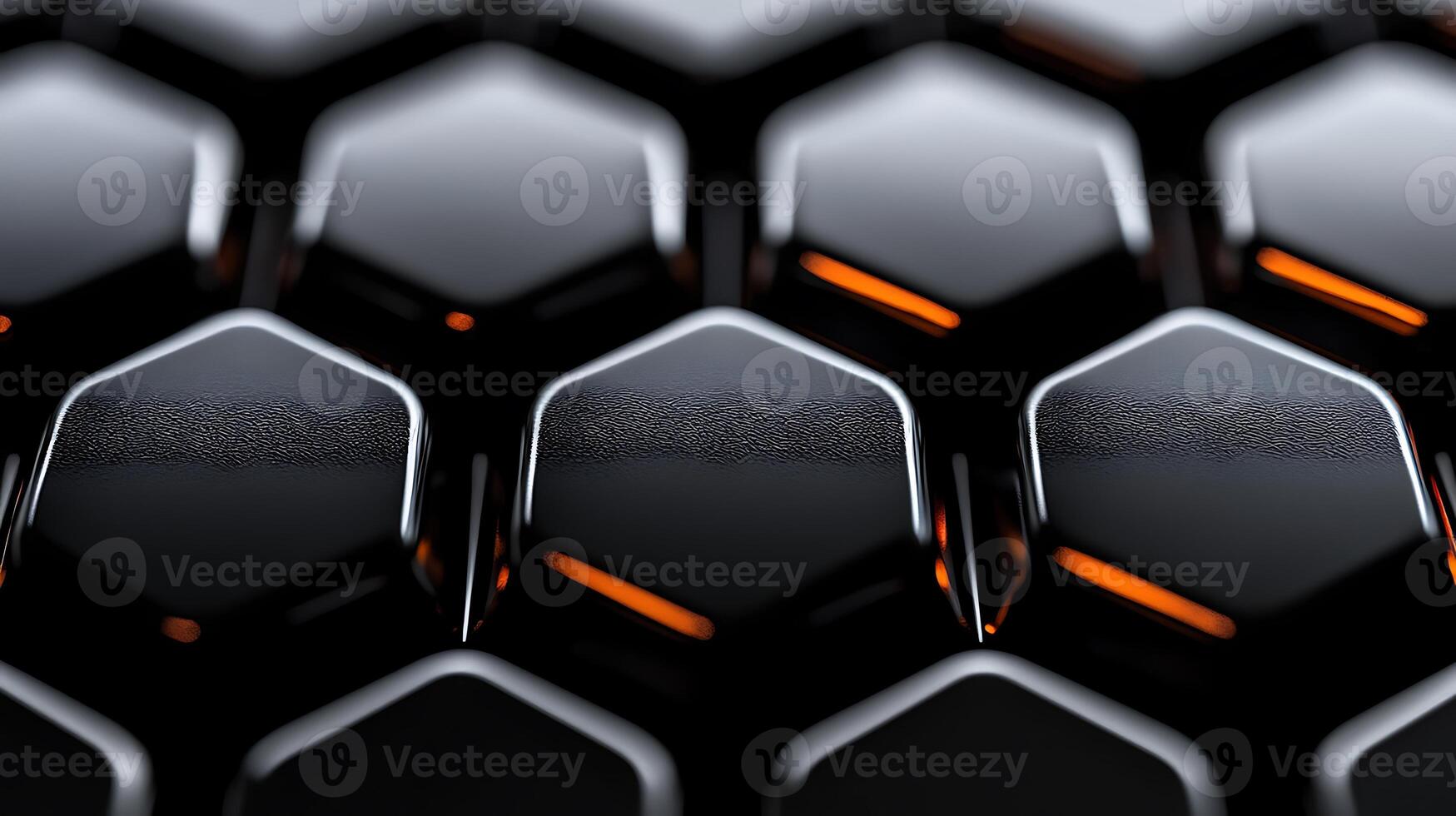 Close-up view of glossy black hexagonal patterns with orange accents, showcasing modern design photo