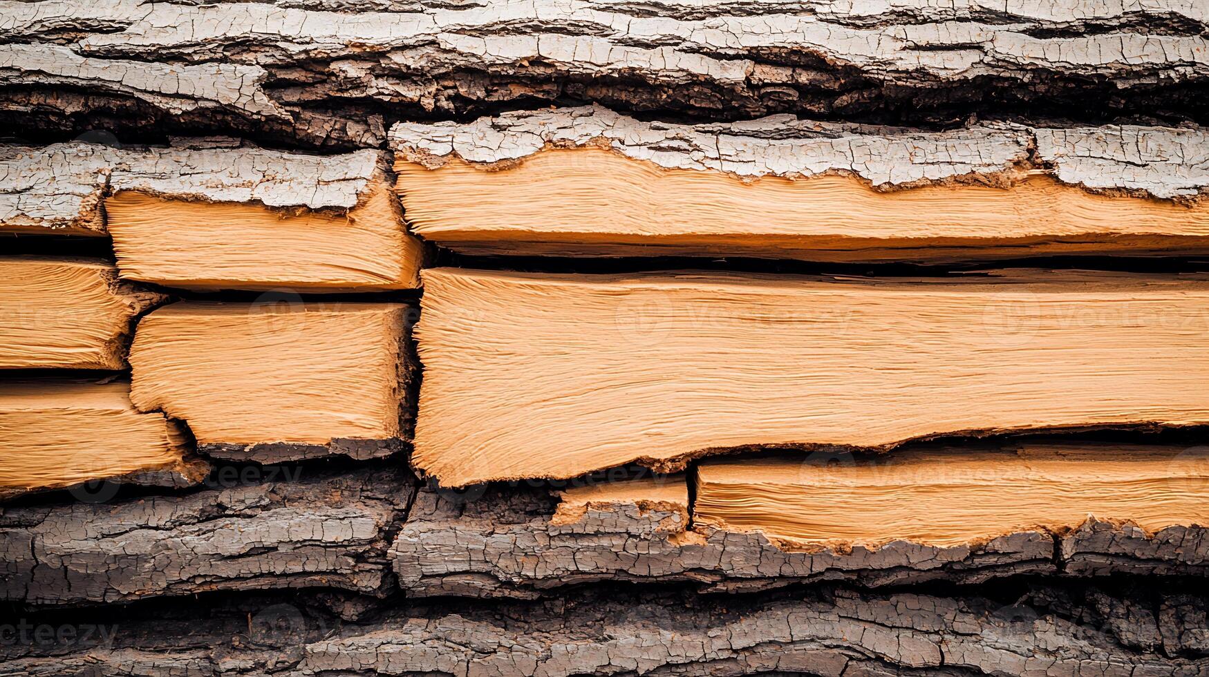 Close-up view of cracked wooden log showcasing texture and natural patterns in a forest setting photo