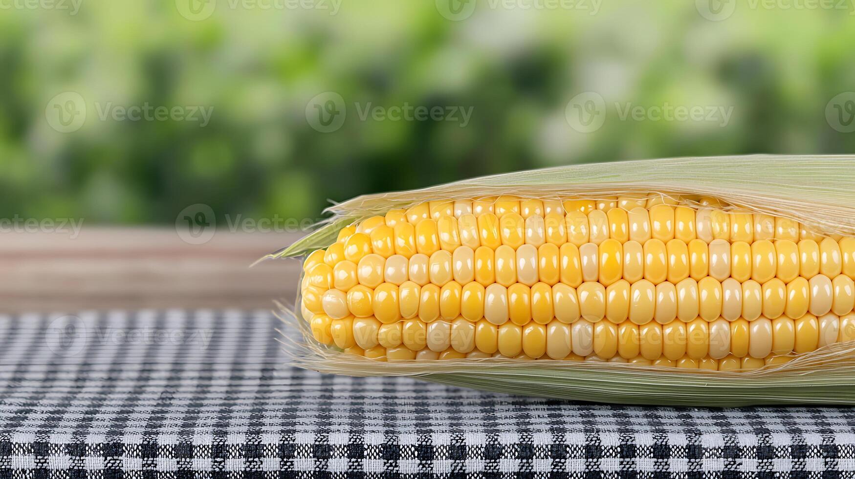 Close-up view of fresh corn on the cob resting on a checkered cloth with a blurred green background photo