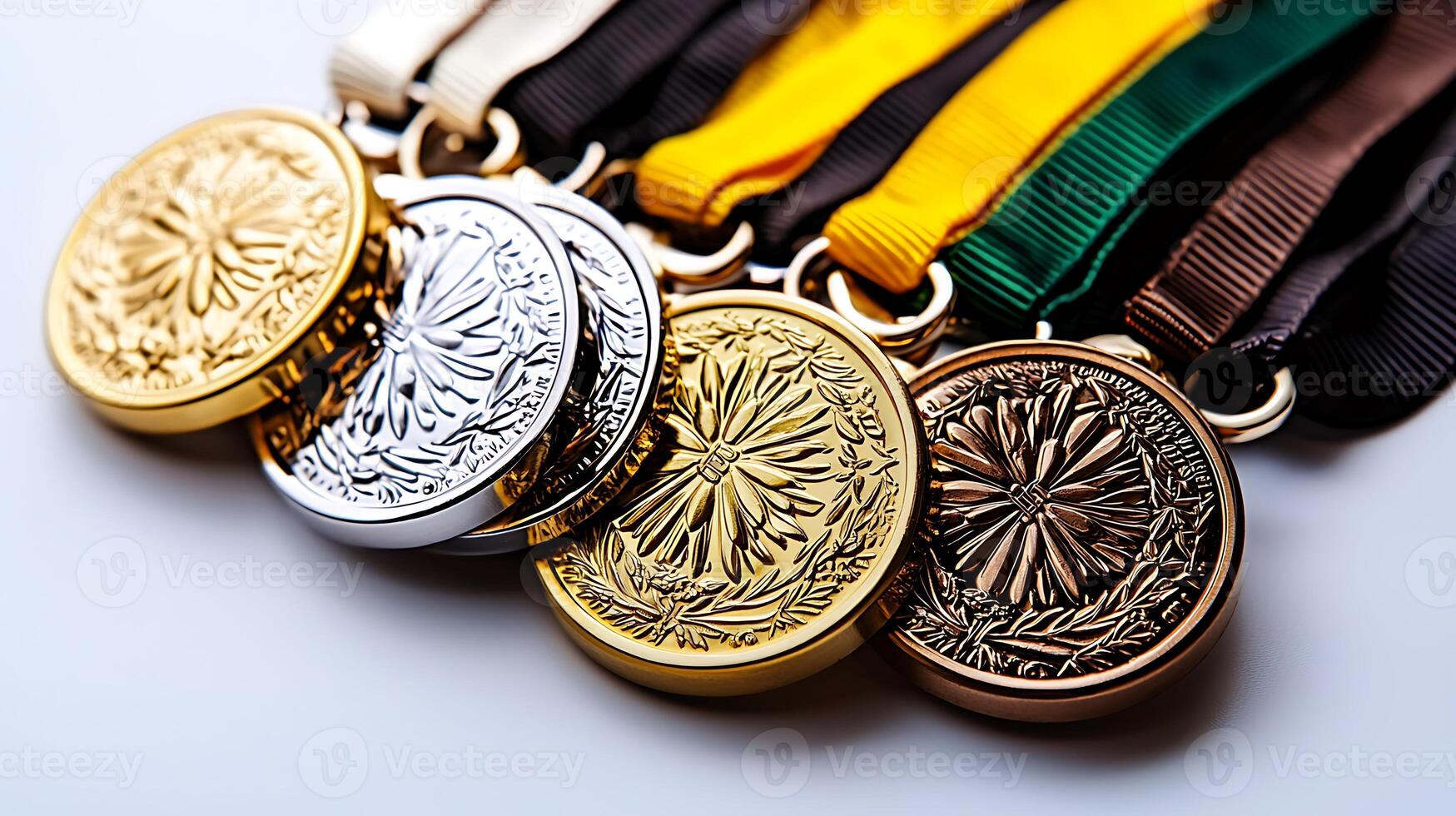Close-up view of gold, silver, and bronze medals with colorful ribbons displayed on a white background photo