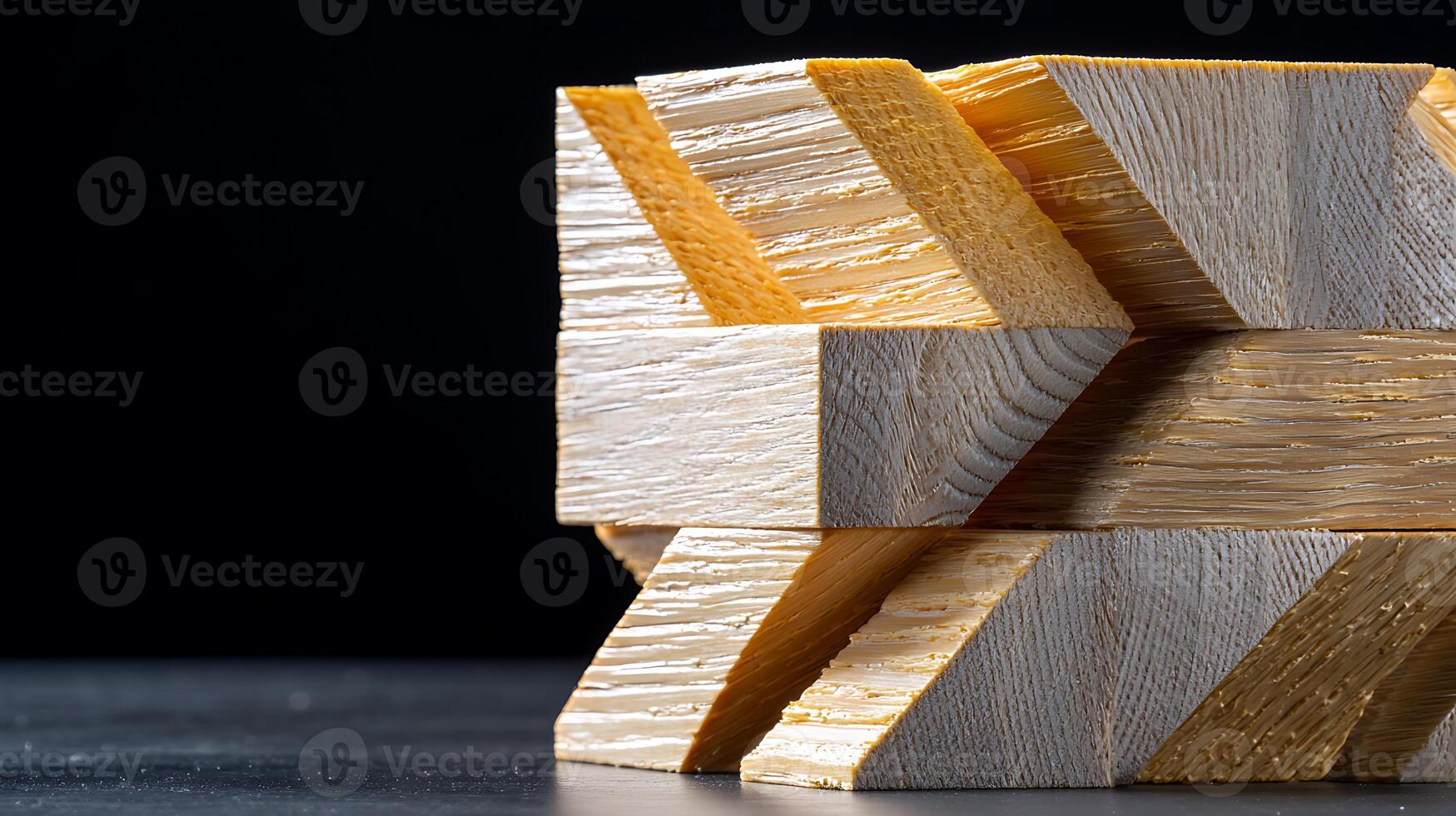 Close-up view of interlocking wooden blocks showcasing craftsmanship and texture, on a dark background photo