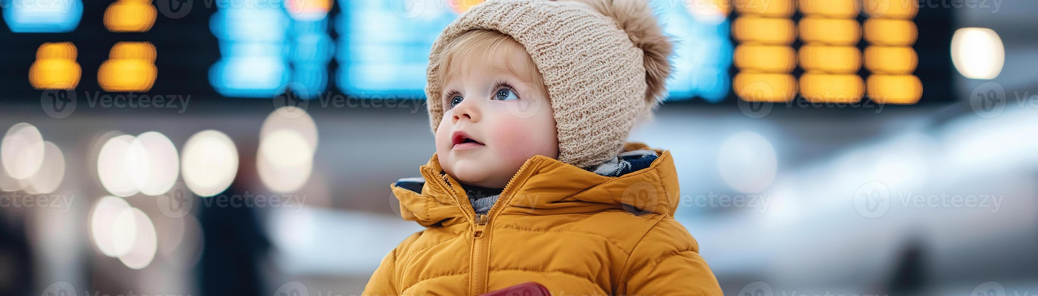 In a lively airport terminal, a toddler clutches a small suitcase and looks up in wonder at a large departure board showcasing flight information while blurred planes stand in the background photo
