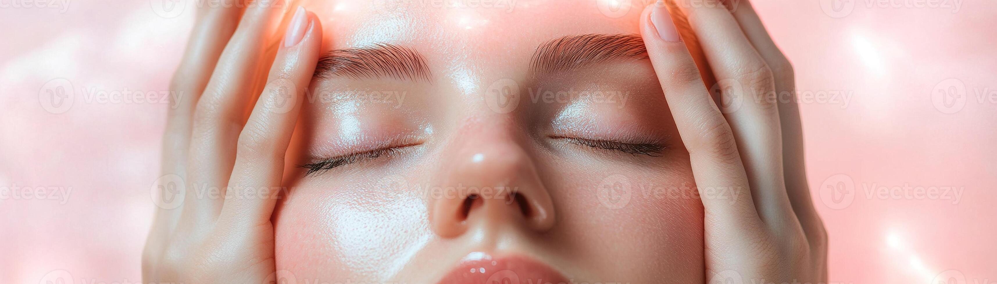 Soft light envelops a person with closed eyes, as gentle hands cradle their forehead, conveying care and relief in a tranquil environment focused on healing photo