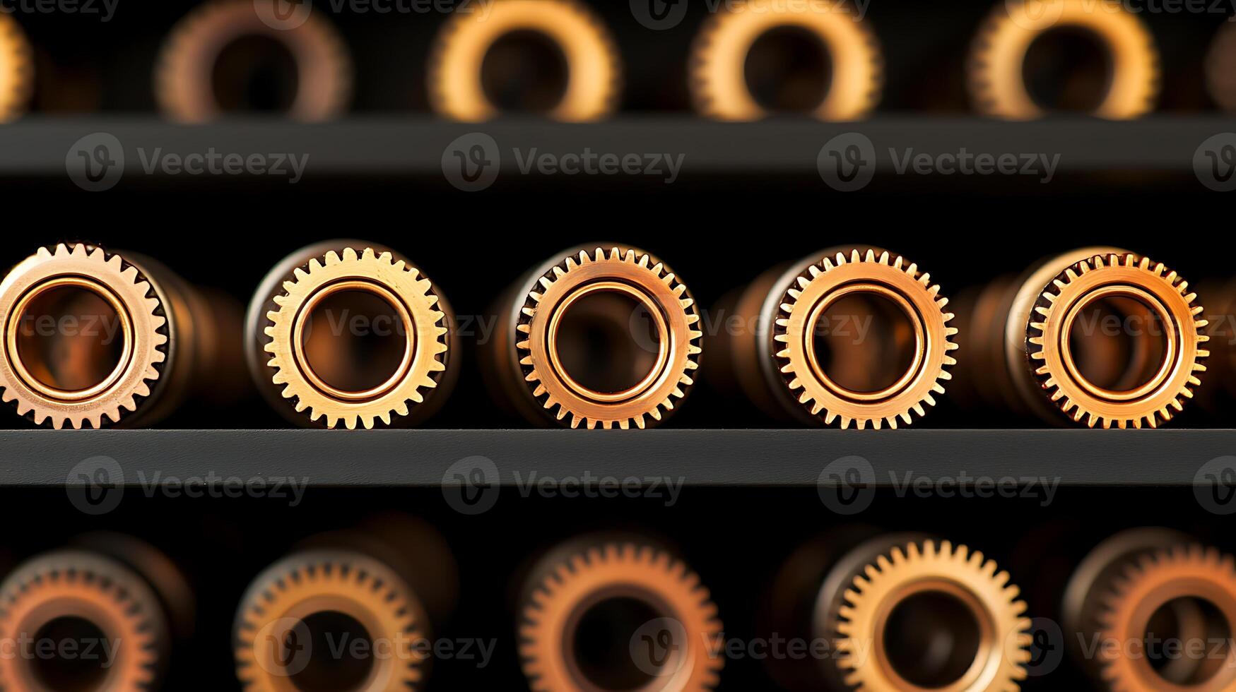 Close-up view of metallic gears arranged in a row on a shelf, showcasing intricate designs and textures photo
